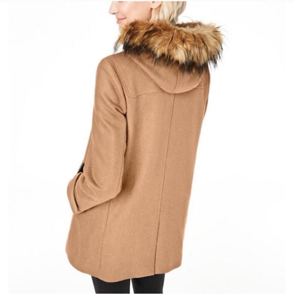 COLE HAAN | Wool Walker Coat Duffle Toggle Front Faux Fur Hood Size 10 - Picture 5 of 16